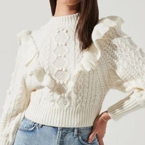 ASTR Ruffle Dot Judy Ivory Alpaca Wool Long Sleeve Cable Knit Sweater X-Small